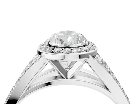 14K White Gold 1.70 Carat E VS1 Pear Diamond Split Shank Halo Ring with Four-Prong Setting