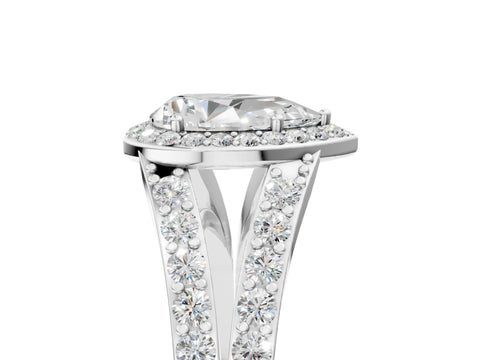 14K White Gold 1.70 Carat E VS1 Pear Diamond Split Shank Halo Ring with Four-Prong Setting