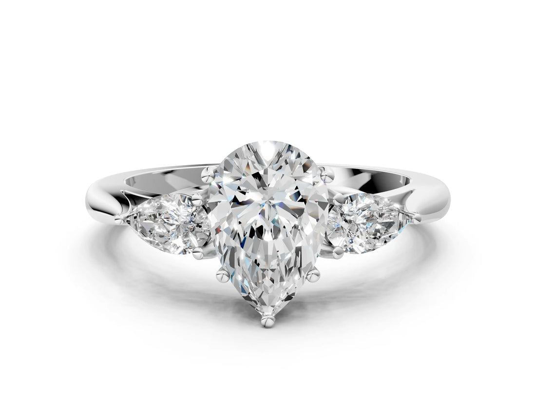 White gold Pear Cut Diamond Three-Stone Ring with Pear Side Stones and Four-Prong Setting_94