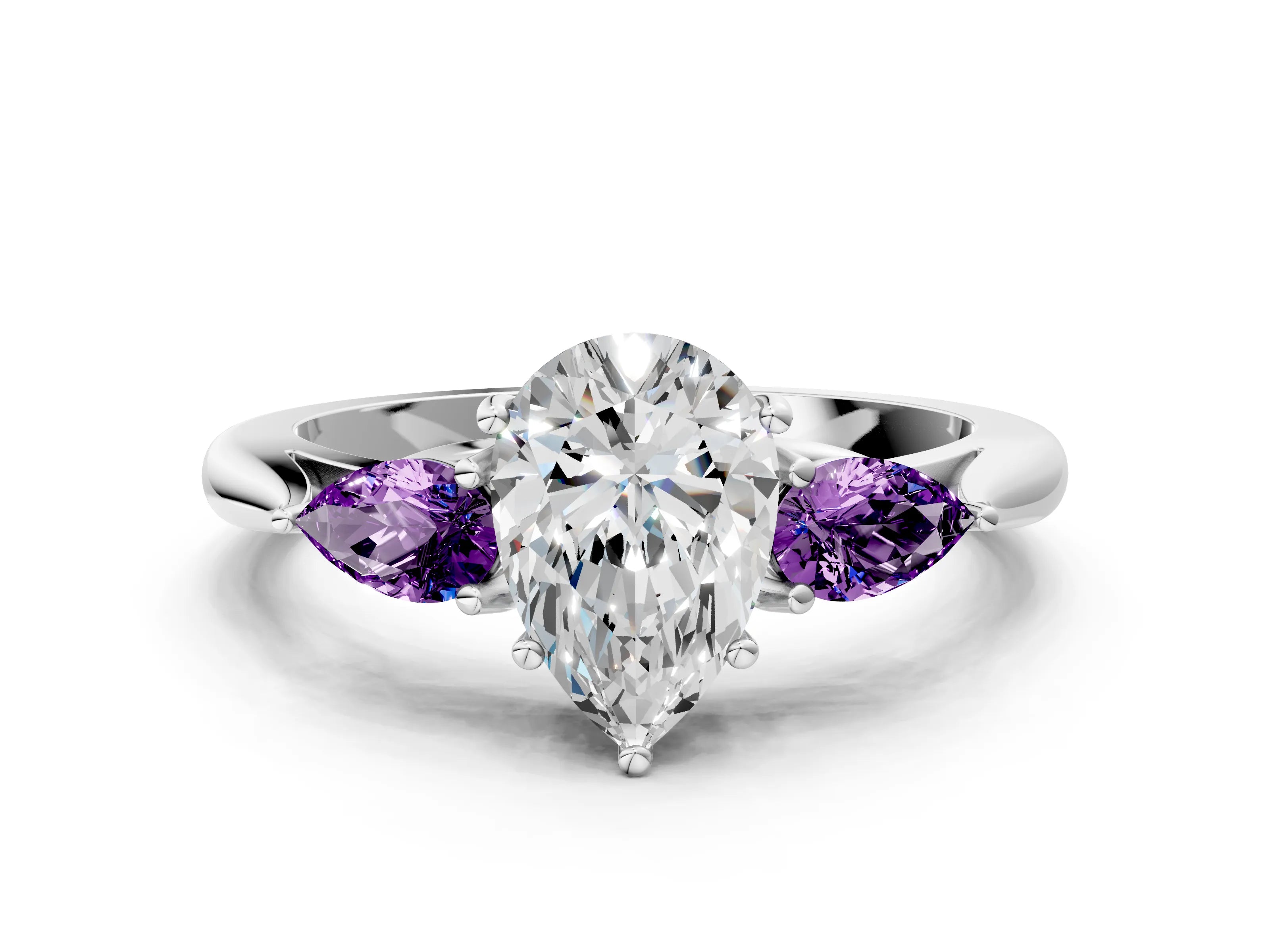 White gold Pear Cut Diamond Three-Stone Ring with Pear with Amethyst side stone Side Stones and Prong Setting_24