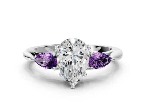 White gold Pear Cut Diamond Three-Stone Ring with Pear with Amethyst side stone Side Stones and Prong Setting_24