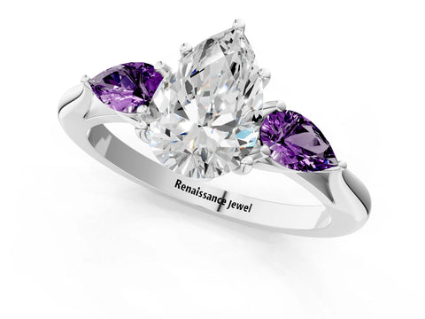 White gold Pear Cut Diamond Three-Stone Ring with Pear with Amethyst side stone Side Stones and Prong Setting_25