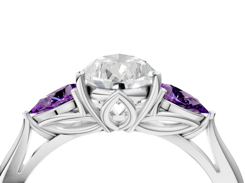 White gold Pear Cut Diamond Three-Stone Ring with Pear with Amethyst side stone Side Stones and Prong Setting_28