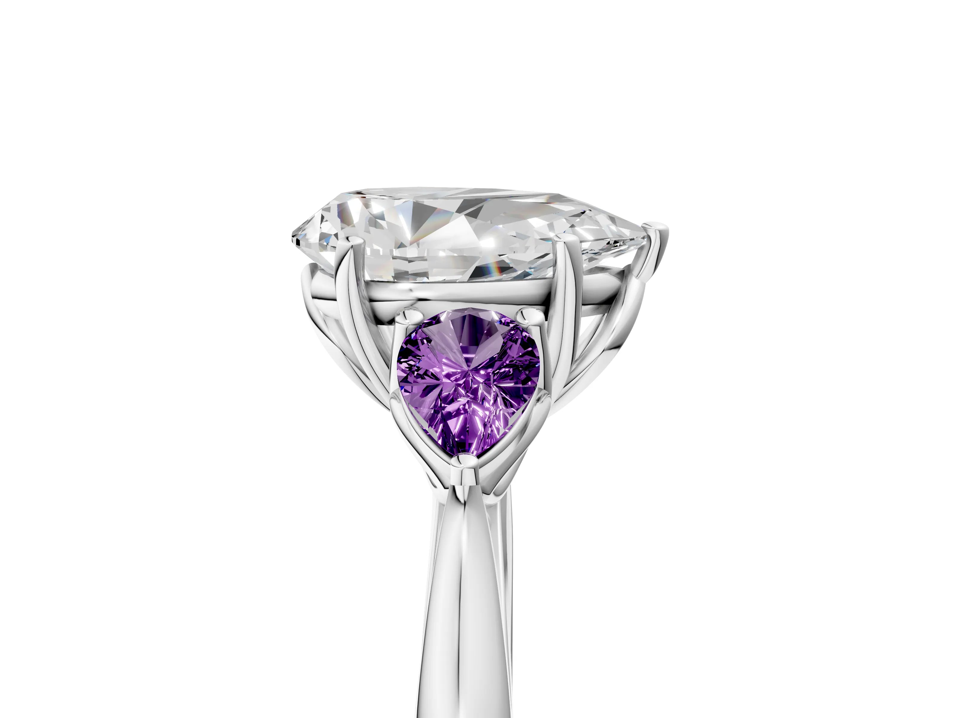 White gold Pear Cut Diamond Three-Stone Ring with Pear with Amethyst side stone Side Stones and Prong Setting_29