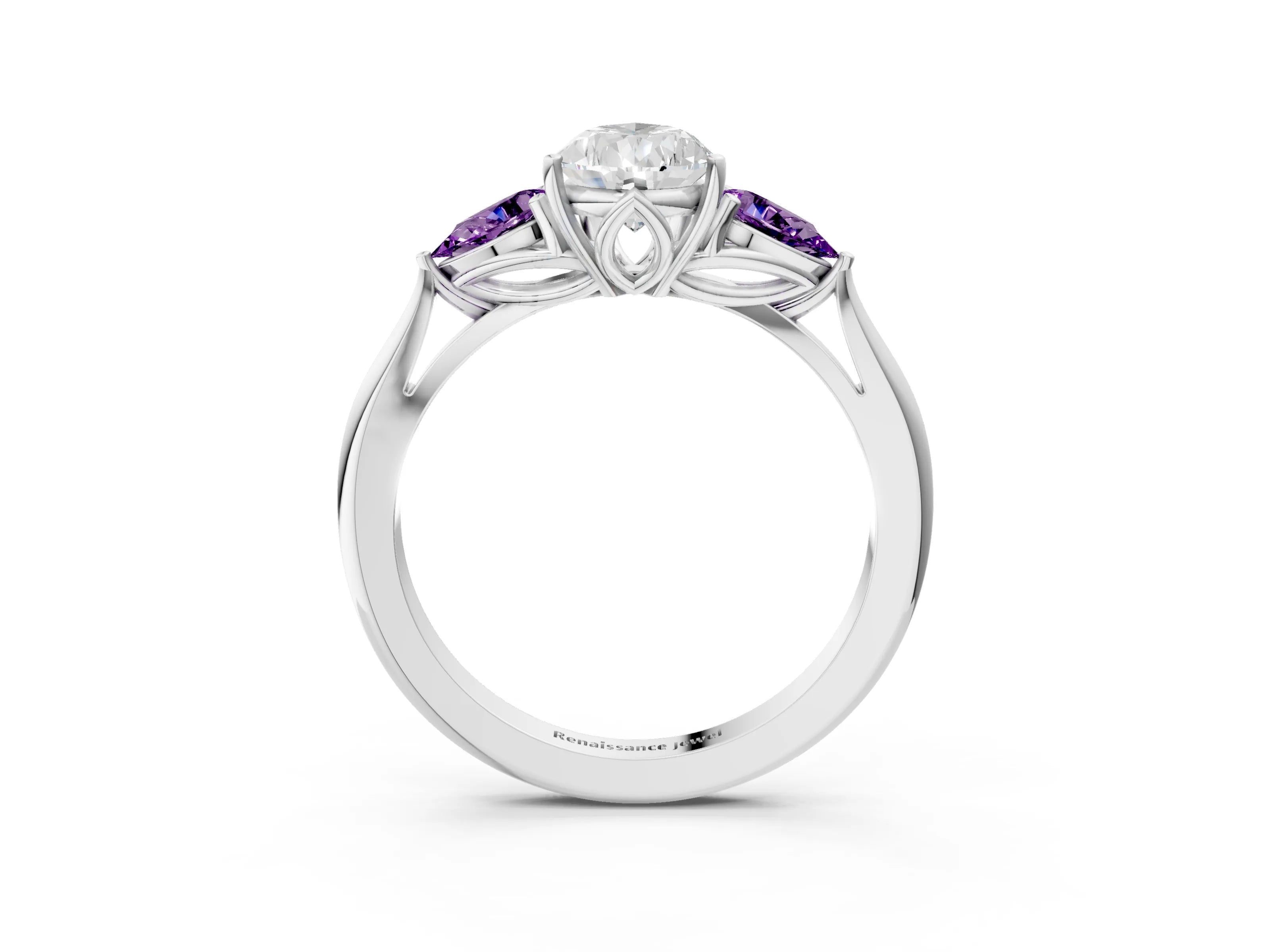 White gold Pear Cut Diamond Three-Stone Ring with Pear with Amethyst side stone Side Stones and Prong Setting_51