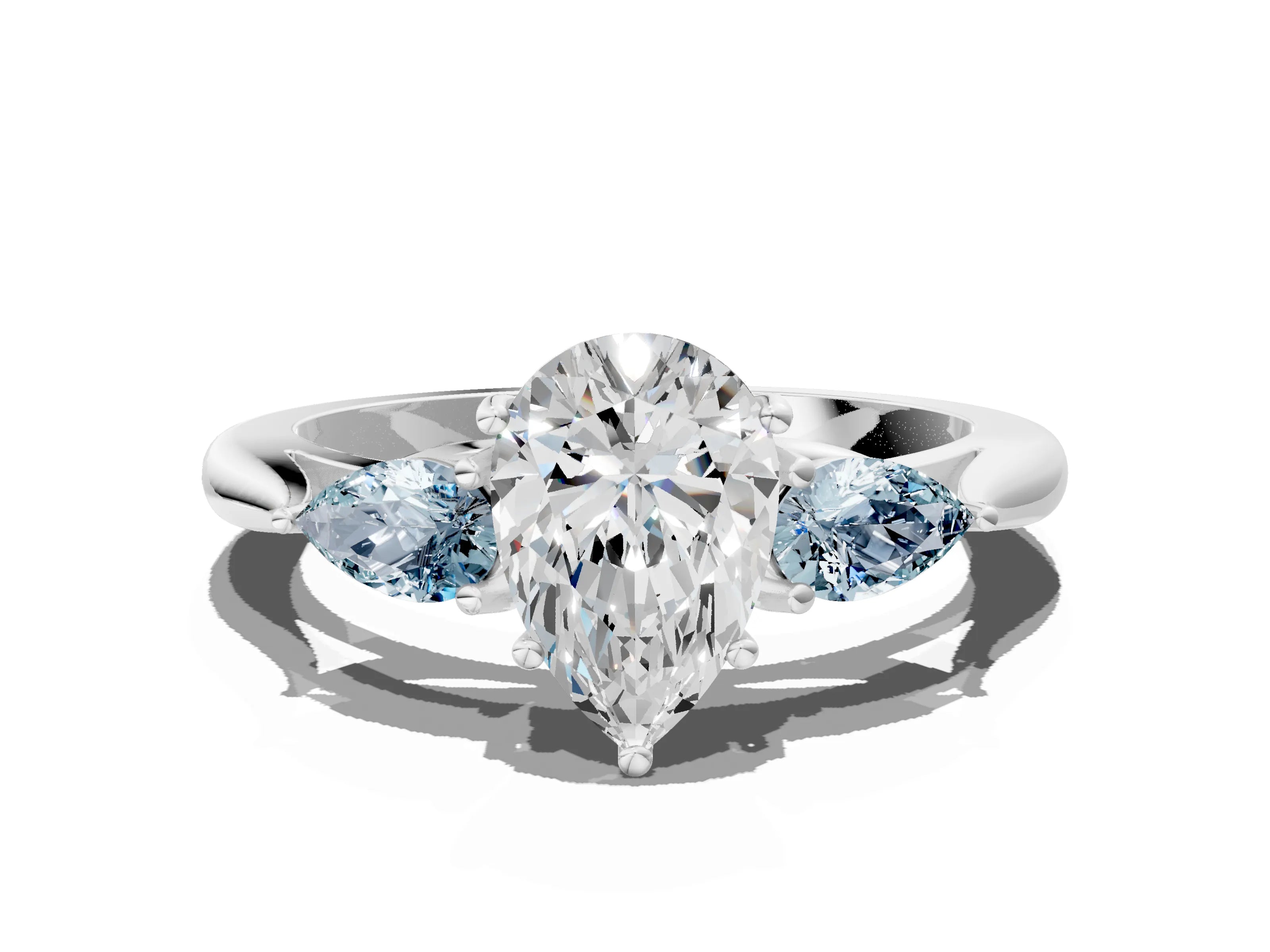 White gold Pear Cut Diamond Three-Stone Ring with Pear with Aquamarine side stone Side Stones and Prong Setting_24