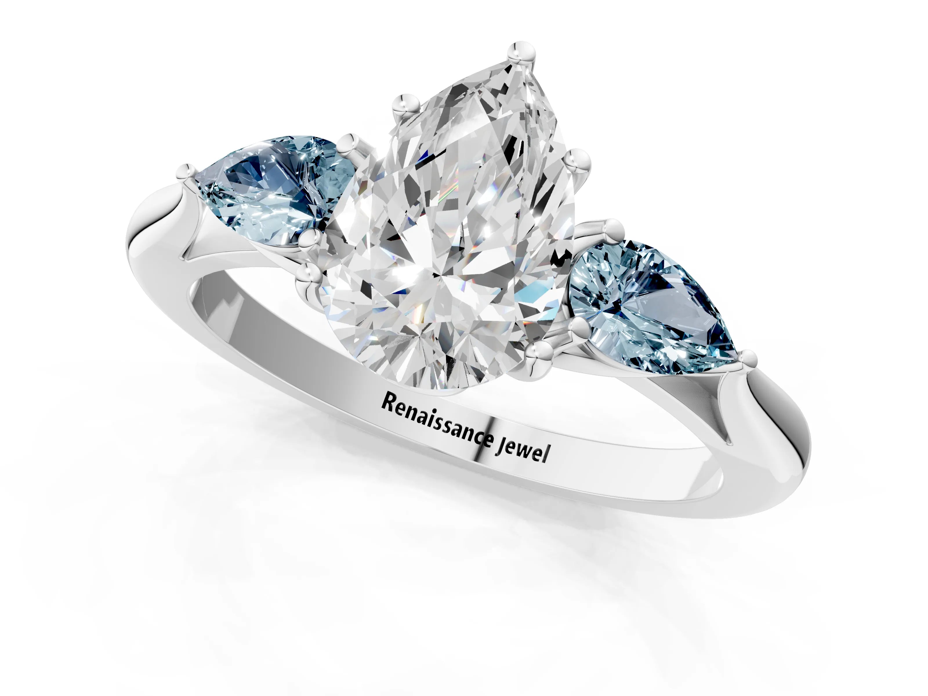 White gold Pear Cut Diamond Three-Stone Ring with Pear with Aquamarine side stone Side Stones and Prong Setting_25