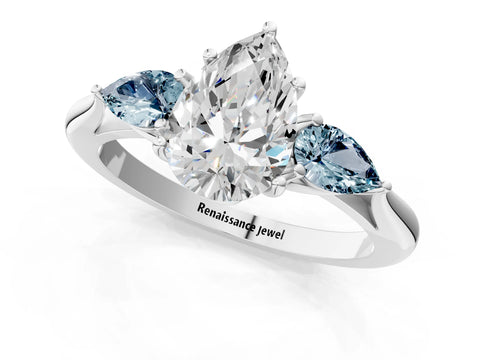 White gold Pear Cut Diamond Three-Stone Ring with Pear with Aquamarine side stone Side Stones and Prong Setting_49
