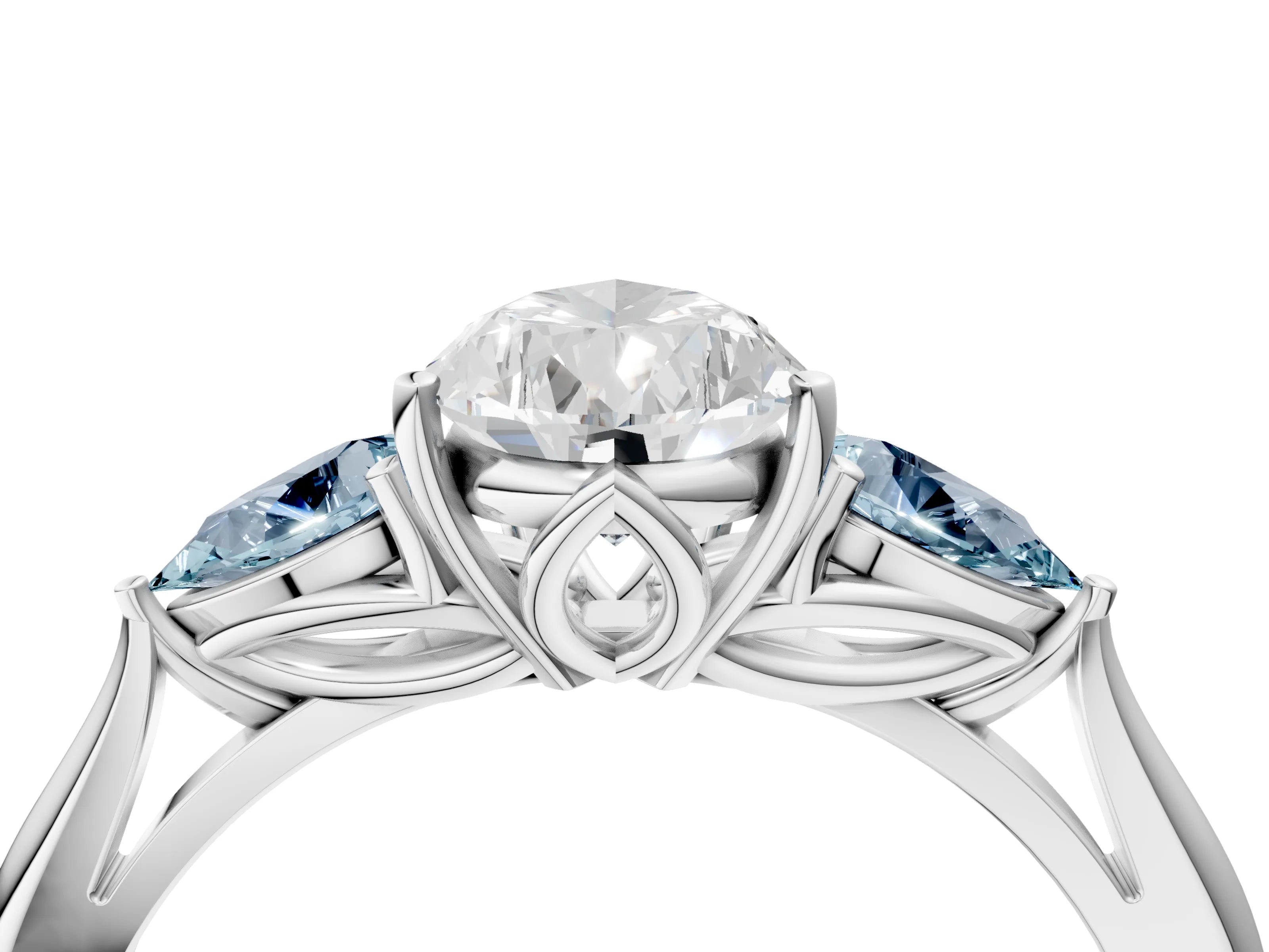 White gold Pear Cut Diamond Three-Stone Ring with Pear with Aquamarine side stone Side Stones and Prong Setting_52