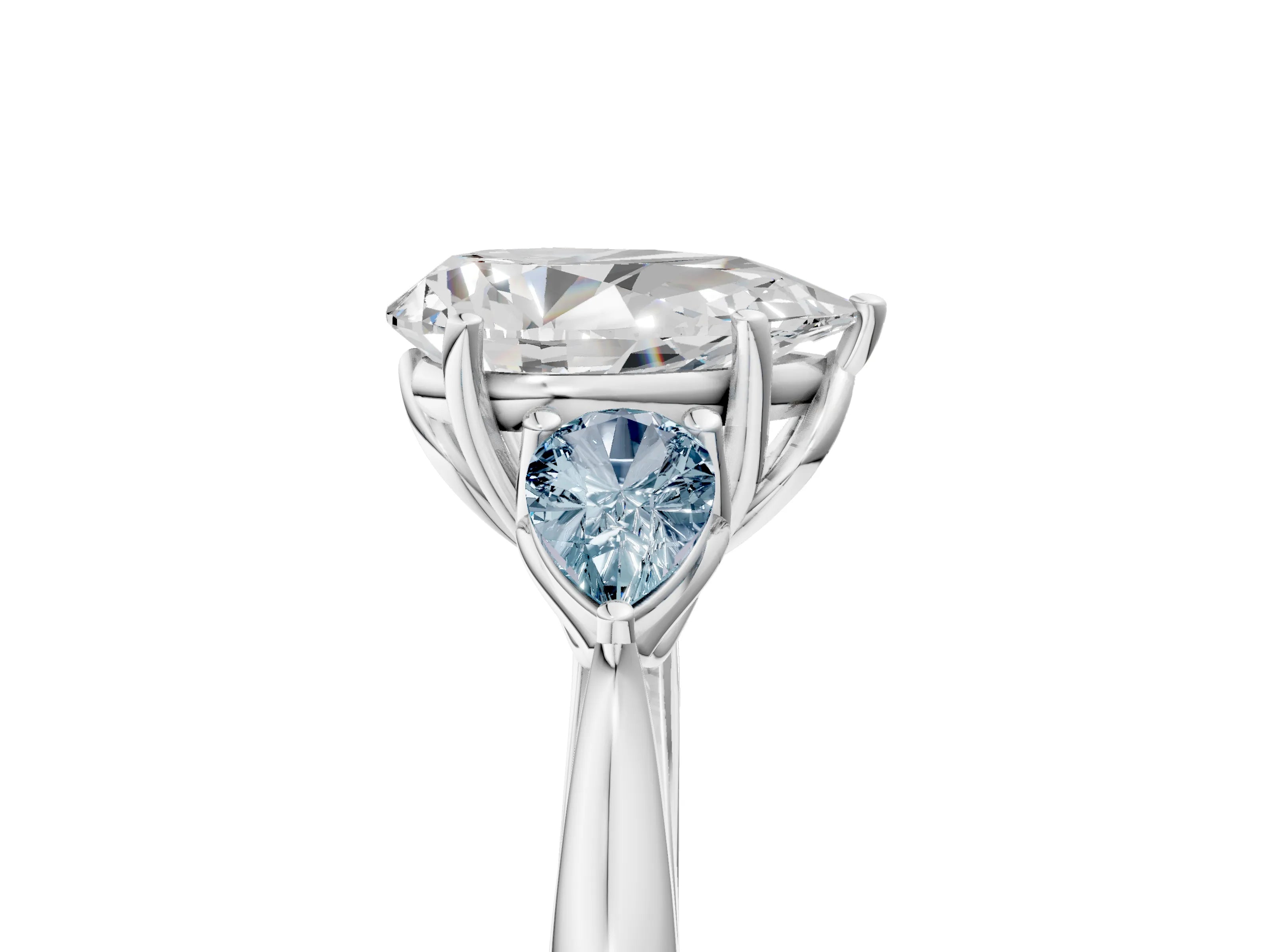 White gold Pear Cut Diamond Three-Stone Ring with Pear with Aquamarine side stone Side Stones and Prong Setting_53
