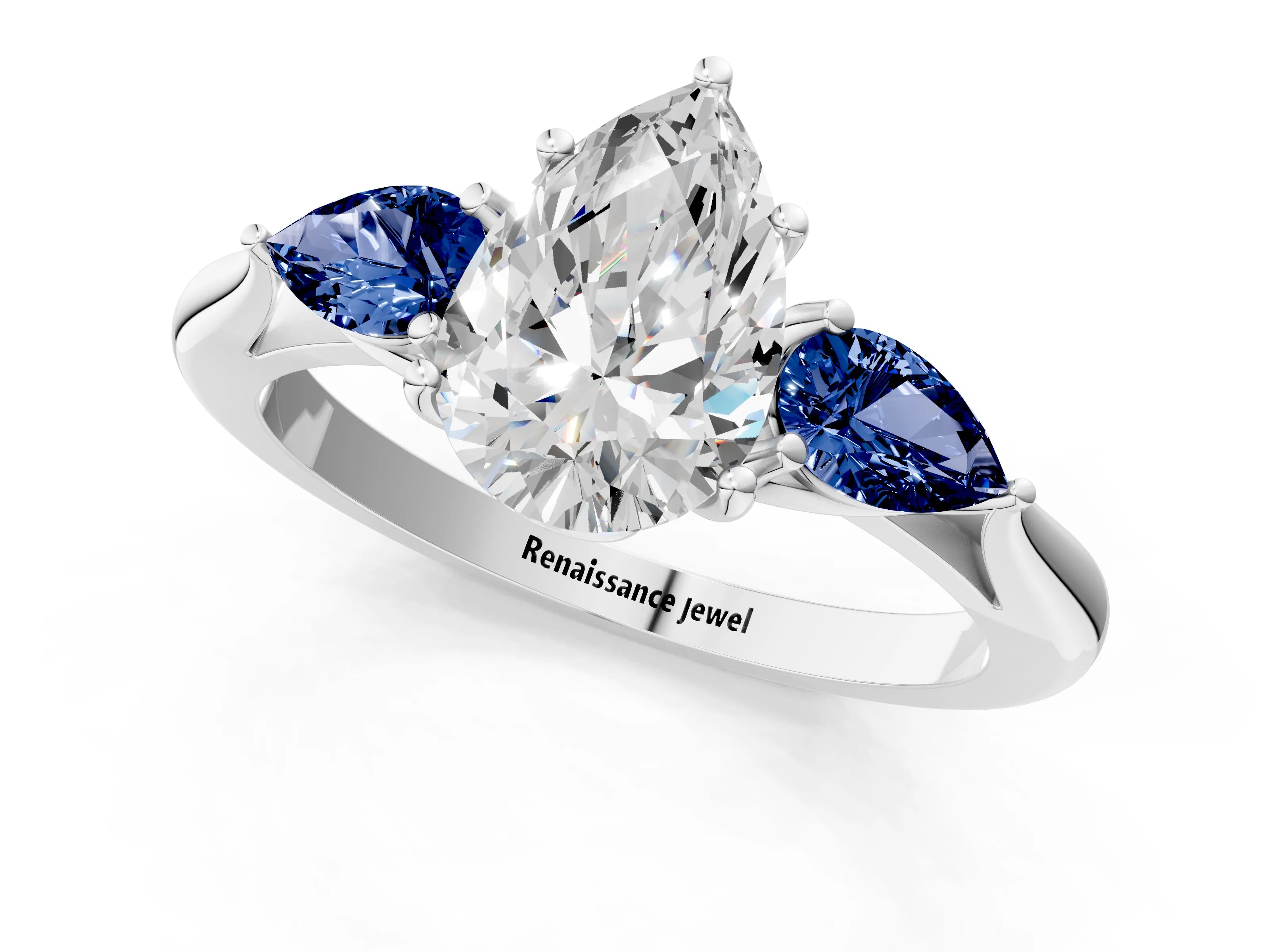 White gold Pear Cut Diamond Three-Stone Ring with Pear with Blue Sapphire side stone Side Stones and Prong Setting_37