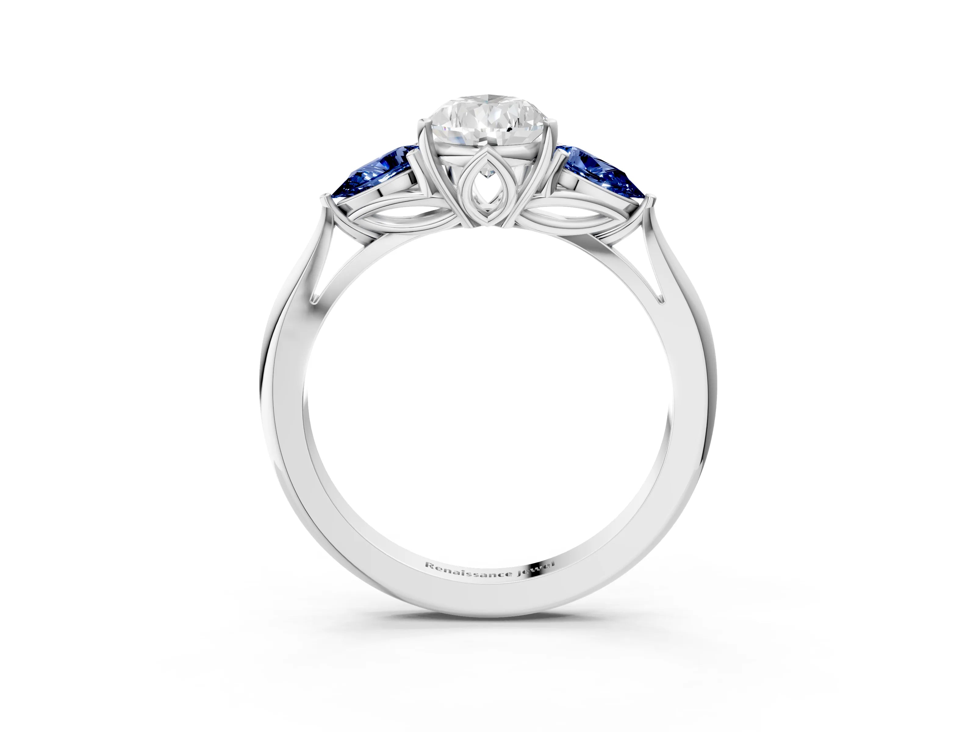 White gold Pear Cut Diamond Three-Stone Ring with Pear with Blue Sapphire side stone Side Stones and Prong Setting_39