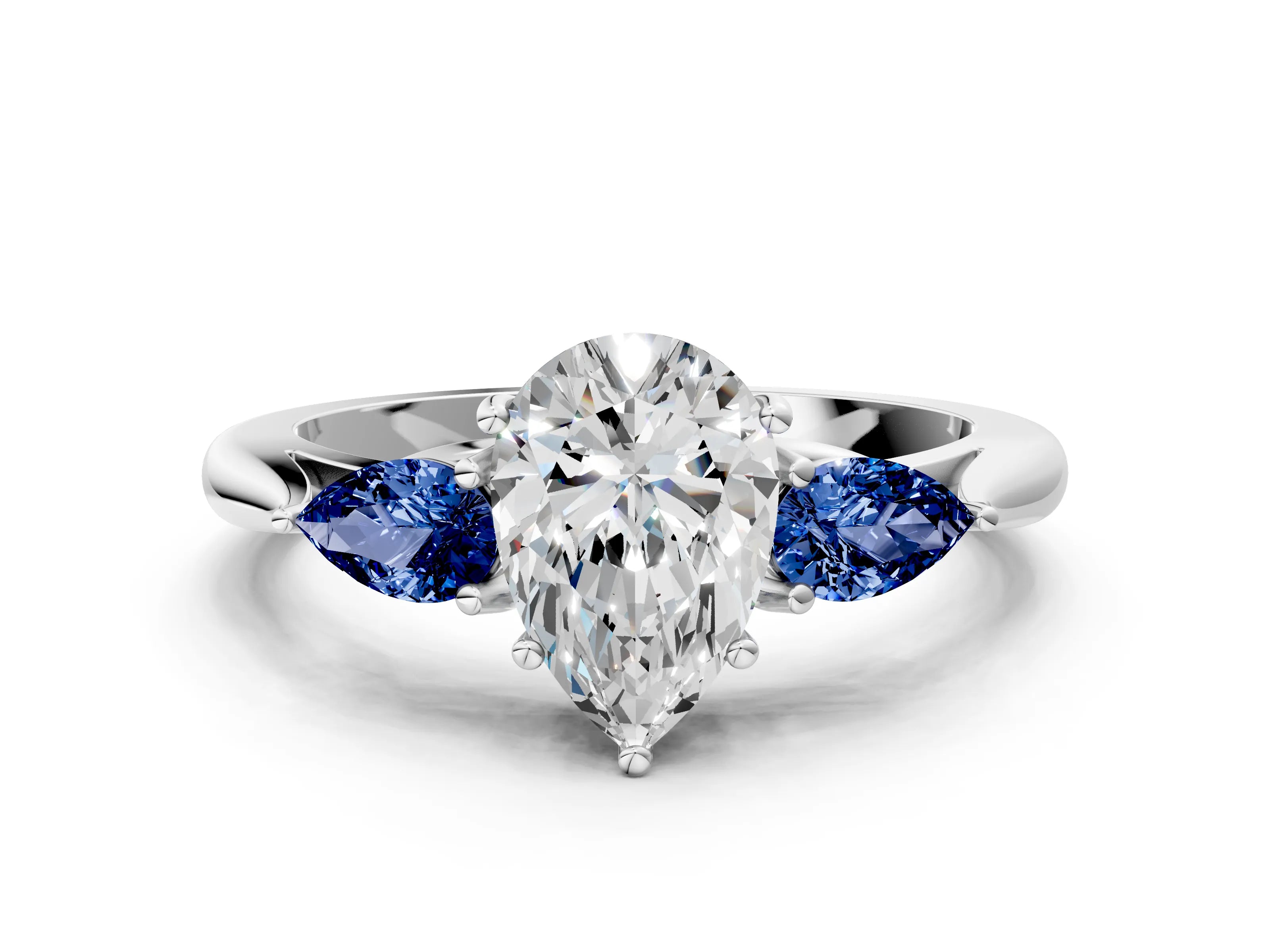 White gold Pear Cut Diamond Three-Stone Ring with Pear with Blue Sapphire side stone Side Stones and Prong Setting_60