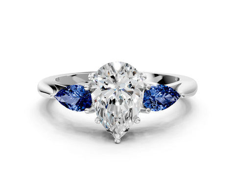 White gold Pear Cut Diamond Three-Stone Ring with Pear with Blue Sapphire side stone Side Stones and Prong Setting_60
