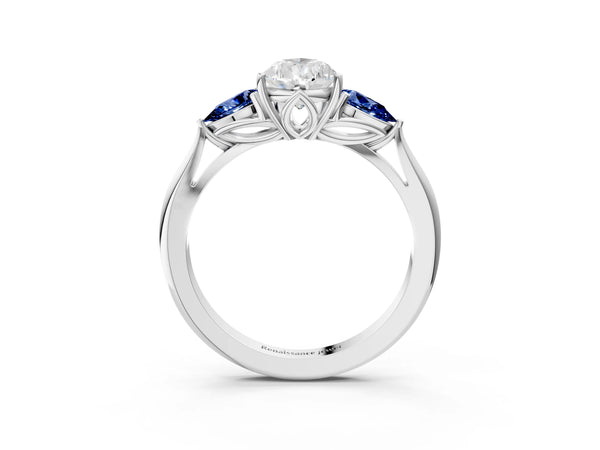 White Gold Pear-Shaped Three Stone Engagement Ring Setting with Pear Lab-Grown Blue Sapphire Side Stones