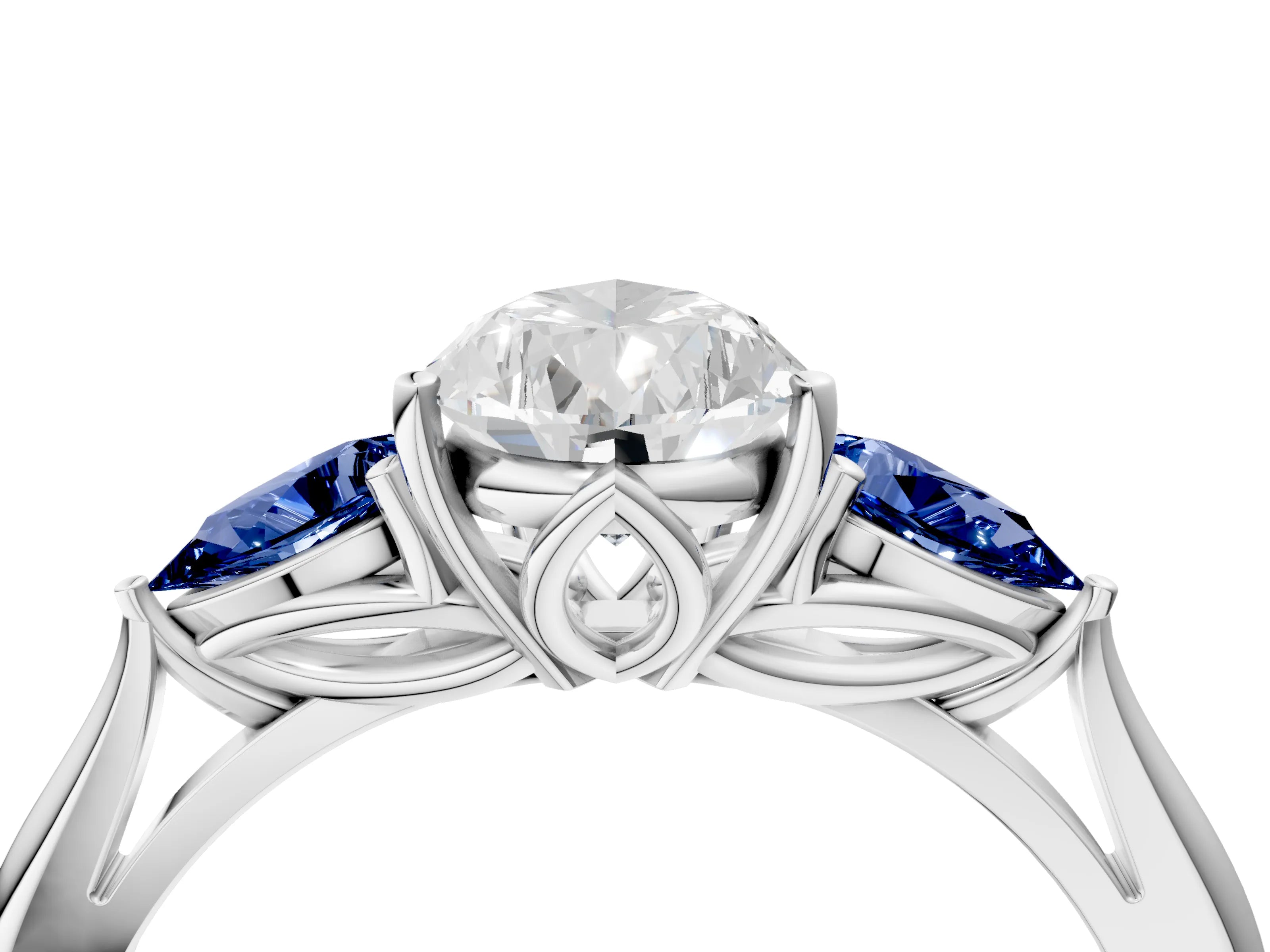 White gold Pear Cut Diamond Three-Stone Ring with Pear with Blue Sapphire side stone Side Stones and Prong Setting_64