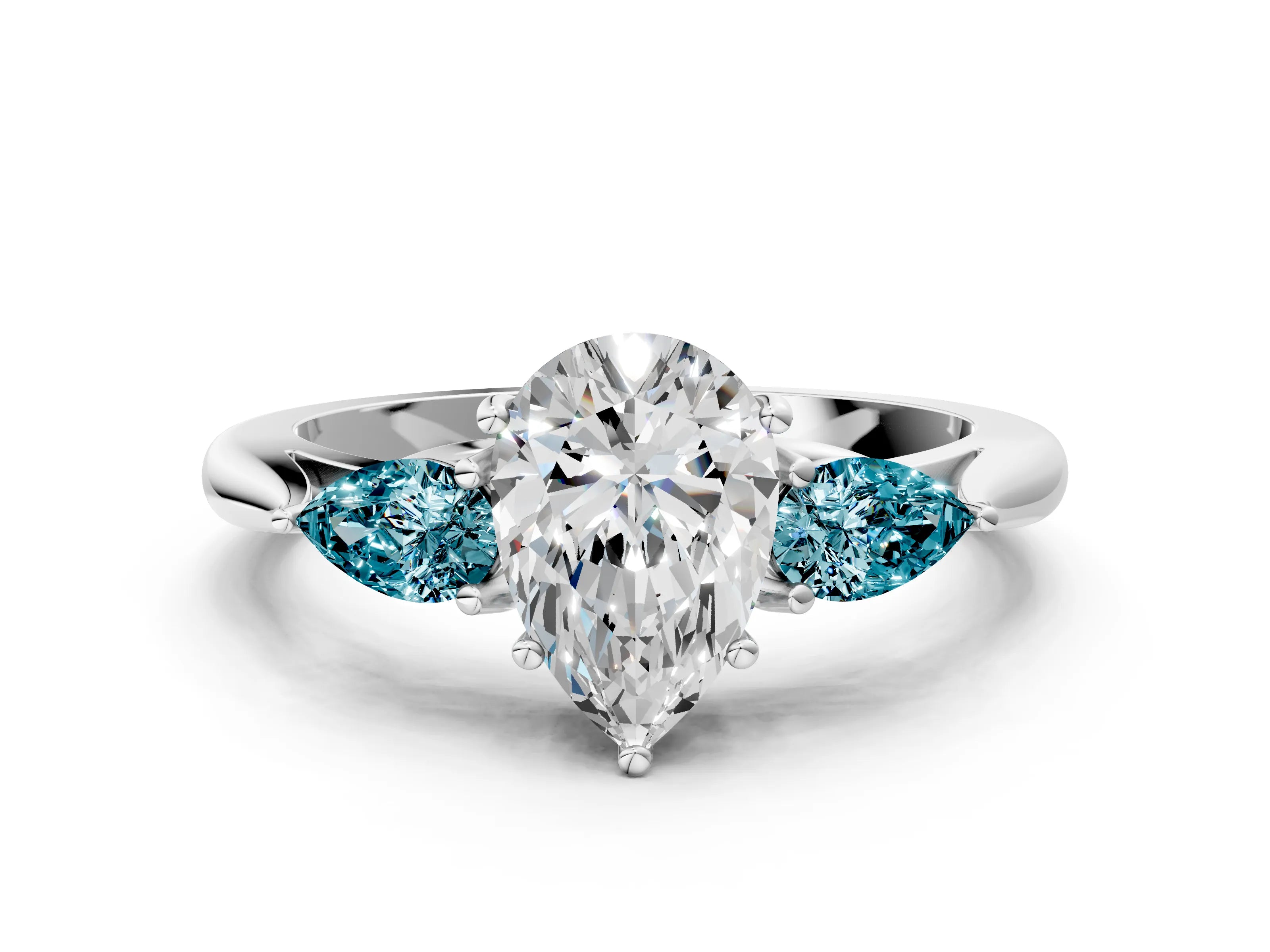 White gold Pear Cut Diamond Three-Stone Ring with Pear with Blue Topaz side stone Side Stones and Prong Setting_36