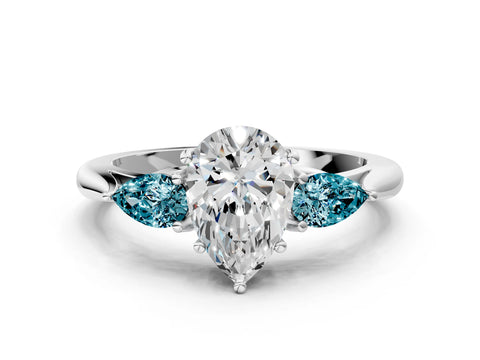White gold Pear Cut Diamond Three-Stone Ring with Pear with Blue Topaz side stone Side Stones and Prong Setting_60