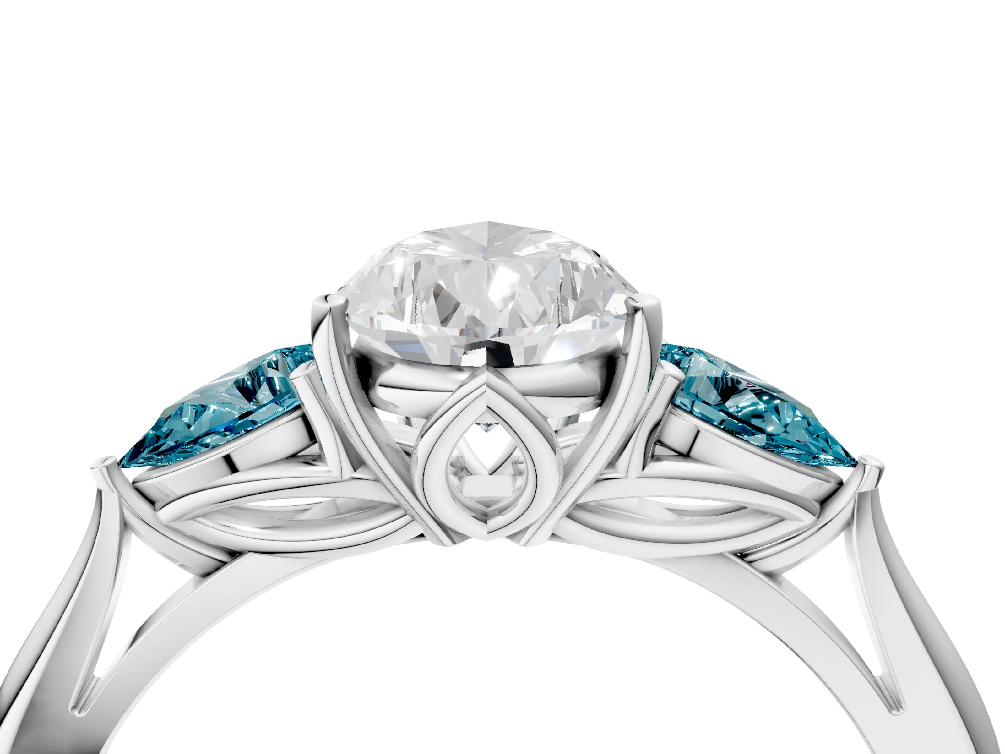 White gold Pear Cut Diamond Three-Stone Ring with Pear with Blue Topaz side stone Side Stones and Prong Setting_64