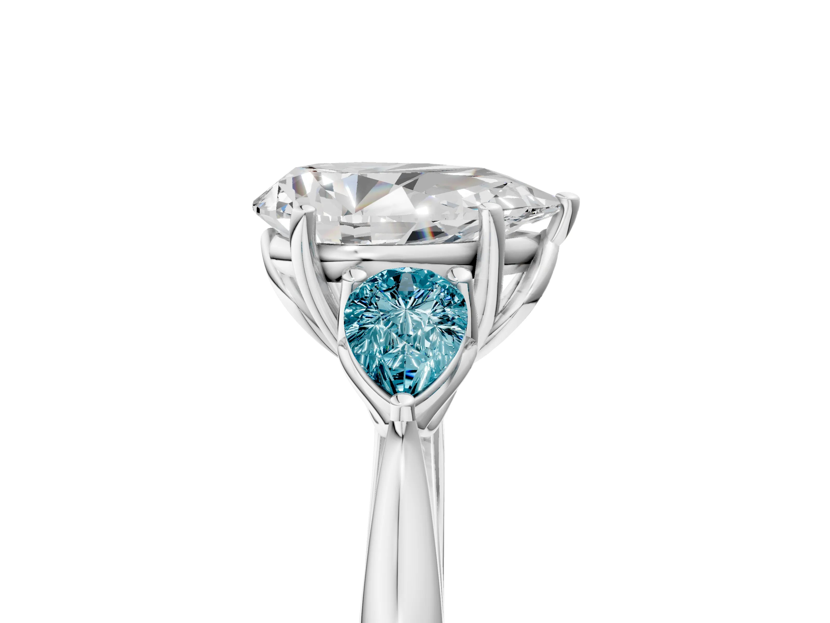 White gold Pear Cut Diamond Three-Stone Ring with Pear with Blue Topaz side stone Side Stones and Prong Setting_65