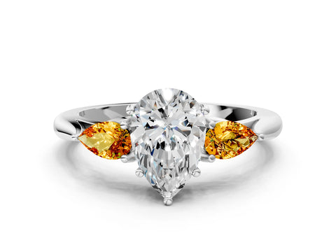 White gold Pear Cut Diamond Three-Stone Ring with Pear with Citrine side stone Side Stones and Prong Setting_54
