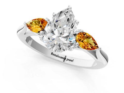 White gold Pear Cut Diamond Three-Stone Ring with Pear with Citrine side stone Side Stones and Prong Setting_55
