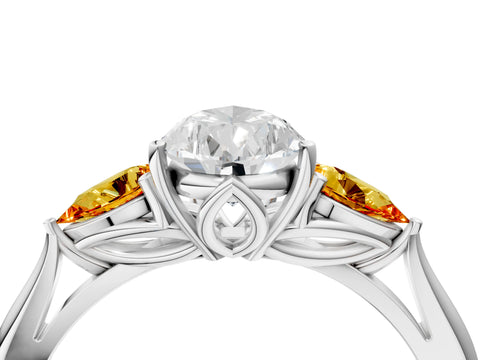 White gold Pear Cut Diamond Three-Stone Ring with Pear with Citrine side stone Side Stones and Prong Setting_58