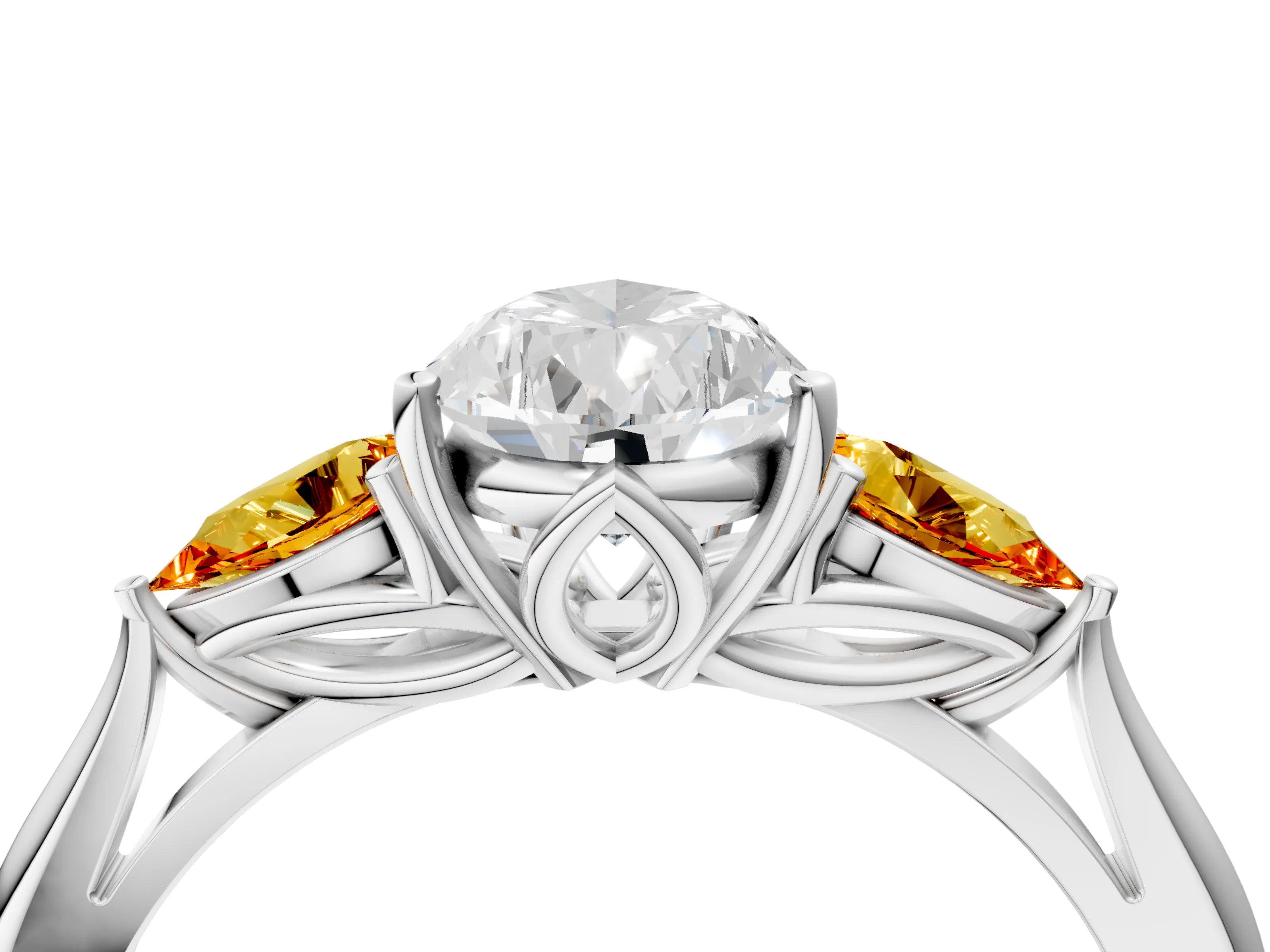 White gold Pear Cut Diamond Three-Stone Ring with Pear with Citrine side stone Side Stones and Prong Setting_64