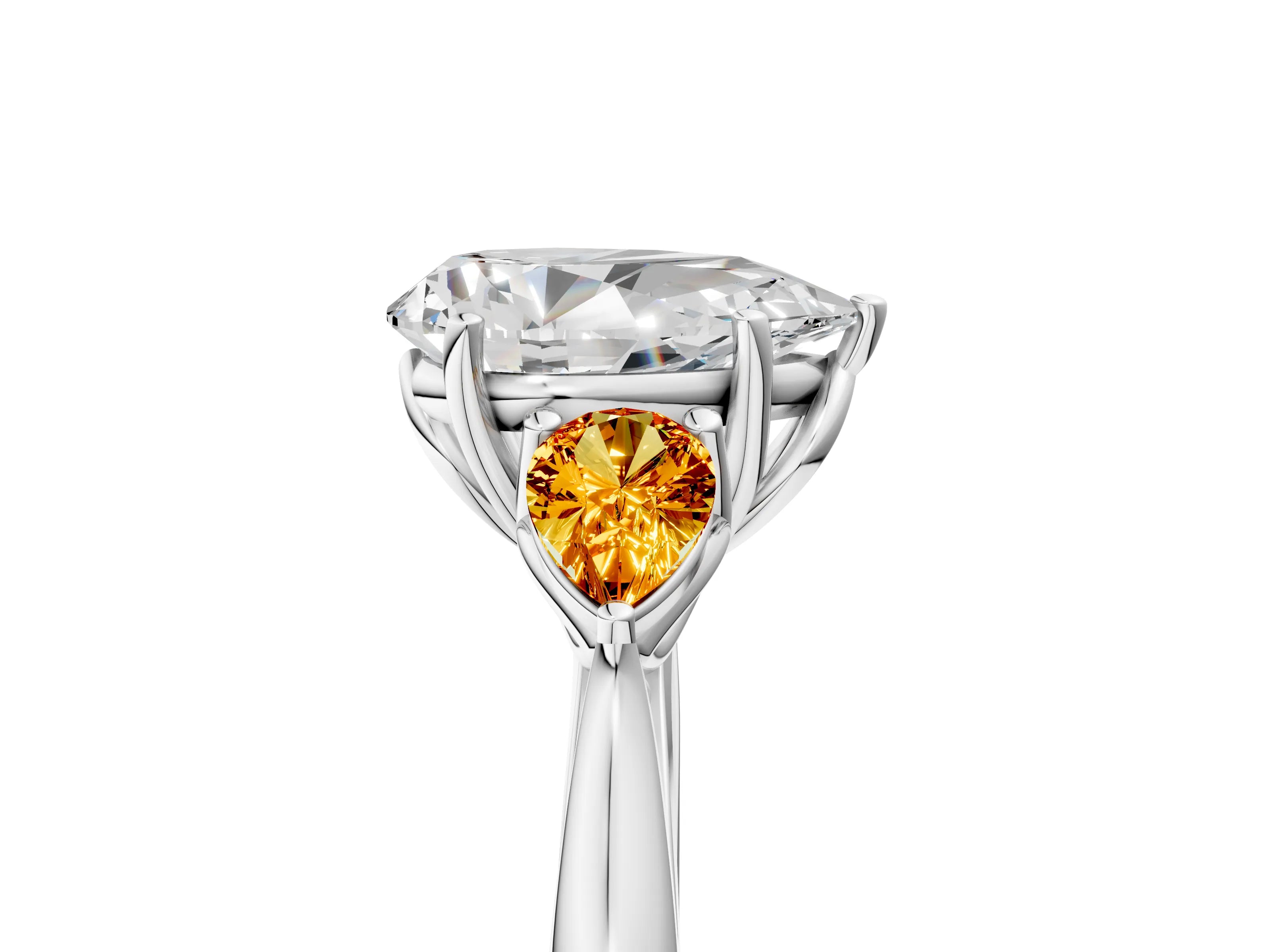 White gold Pear Cut Diamond Three-Stone Ring with Pear with Citrine side stone Side Stones and Prong Setting_83
