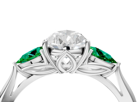 White gold Pear Cut Diamond Three-Stone Ring with Pear with Emerald side stone Side Stones and Prong Setting_40