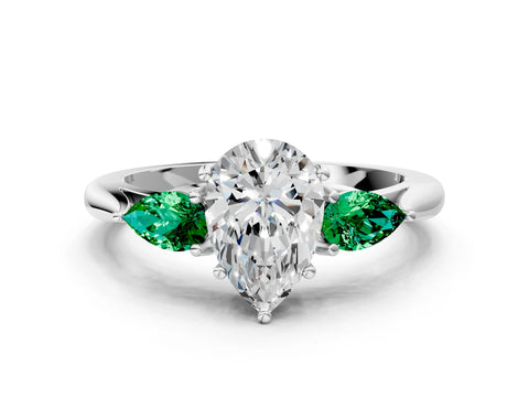 White gold Pear Cut Diamond Three-Stone Ring with Pear with Emerald side stone Side Stones and Prong Setting_60