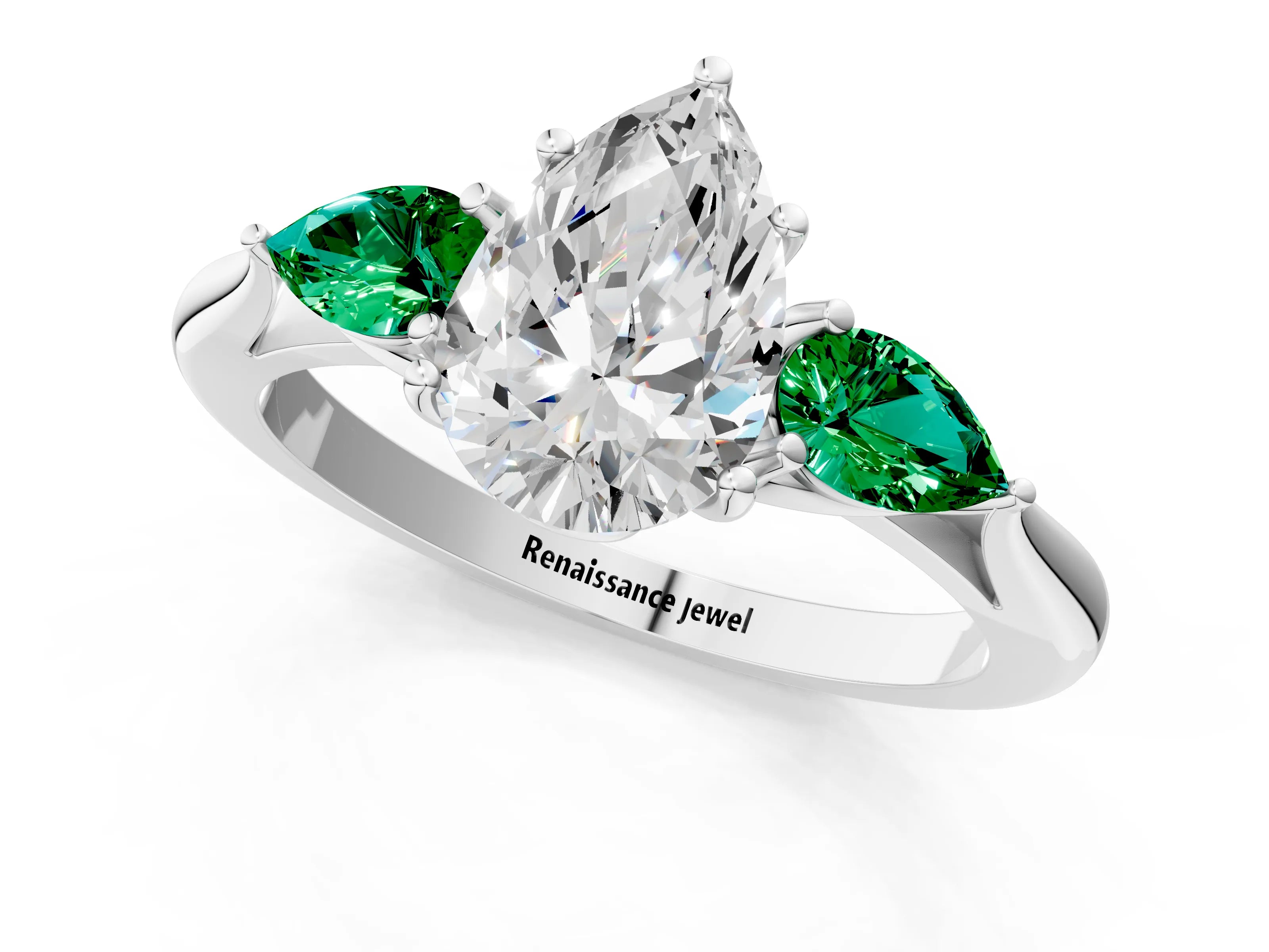 White gold Pear Cut Diamond Three-Stone Ring with Pear with Emerald side stone Side Stones and Prong Setting_61
