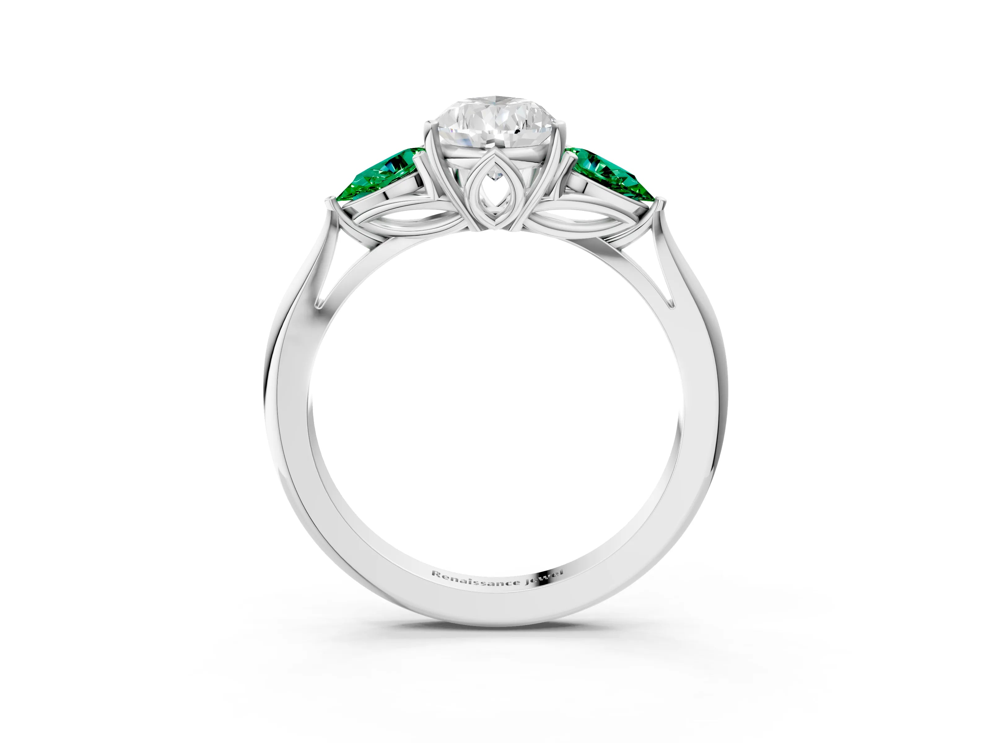 White gold Pear Cut Diamond Three-Stone Ring with Pear with Emerald side stone Side Stones and Prong Setting_63