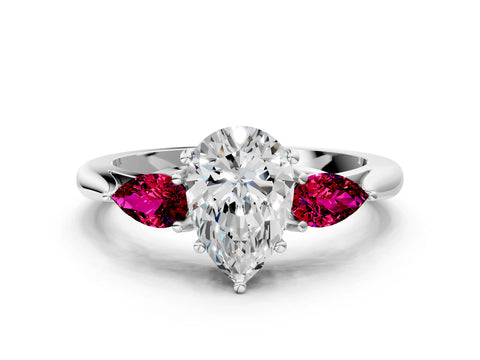White gold Pear Cut Diamond Three-Stone Ring with Pear with Garnet side stone Side Stones and Prong Setting_24