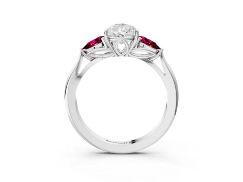 White gold Pear Cut Diamond Three-Stone Ring with Pear with Garnet side stone Side Stones and Prong Setting_27