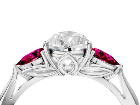 White gold Pear Cut Diamond Three-Stone Ring with Pear with Garnet side stone Side Stones and Prong Setting_28