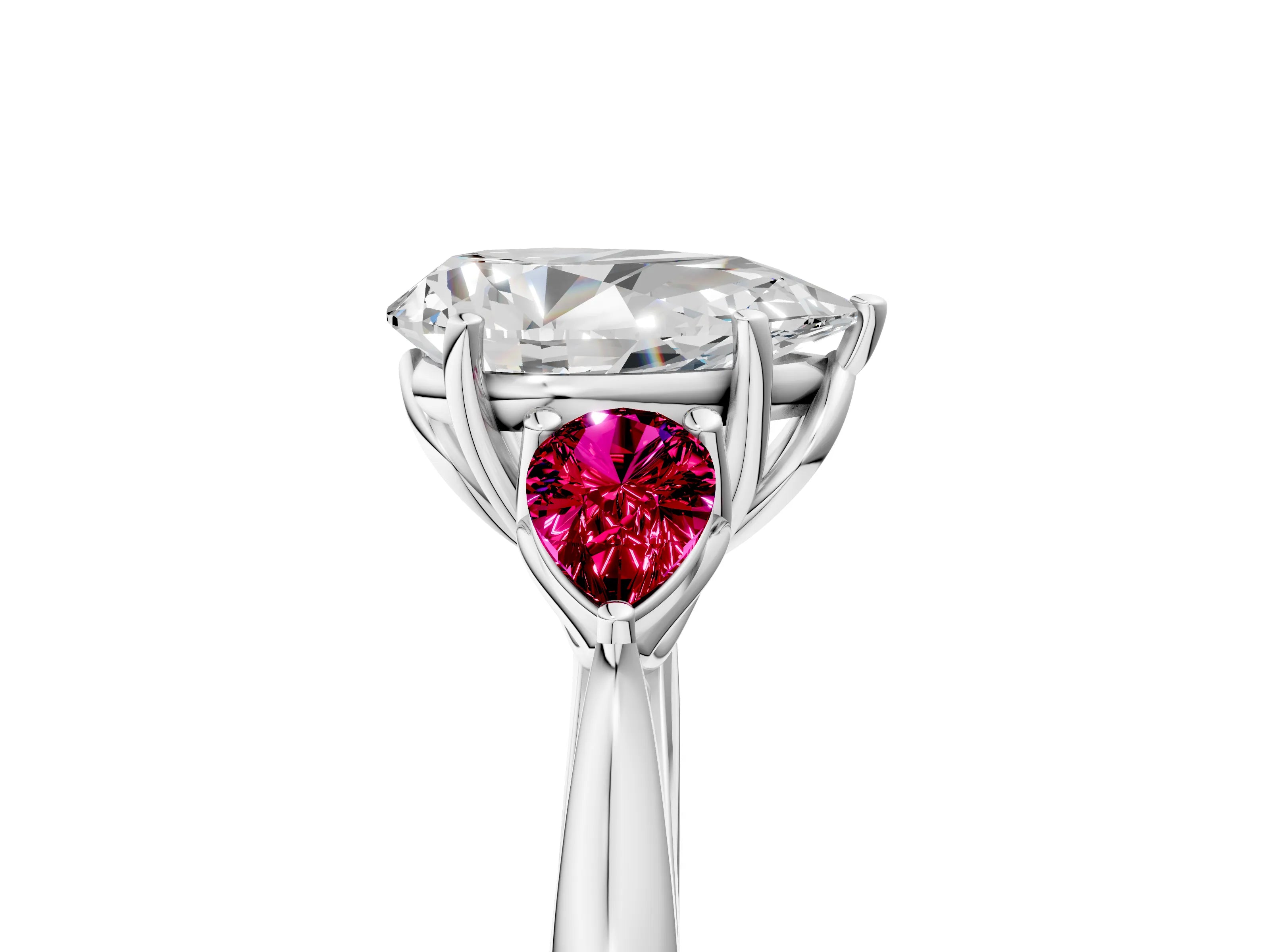 White gold Pear Cut Diamond Three-Stone Ring with Pear with Garnet side stone Side Stones and Prong Setting_29