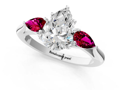 White gold Pear Cut Diamond Three-Stone Ring with Pear with Garnet side stone Side Stones and Prong Setting_49