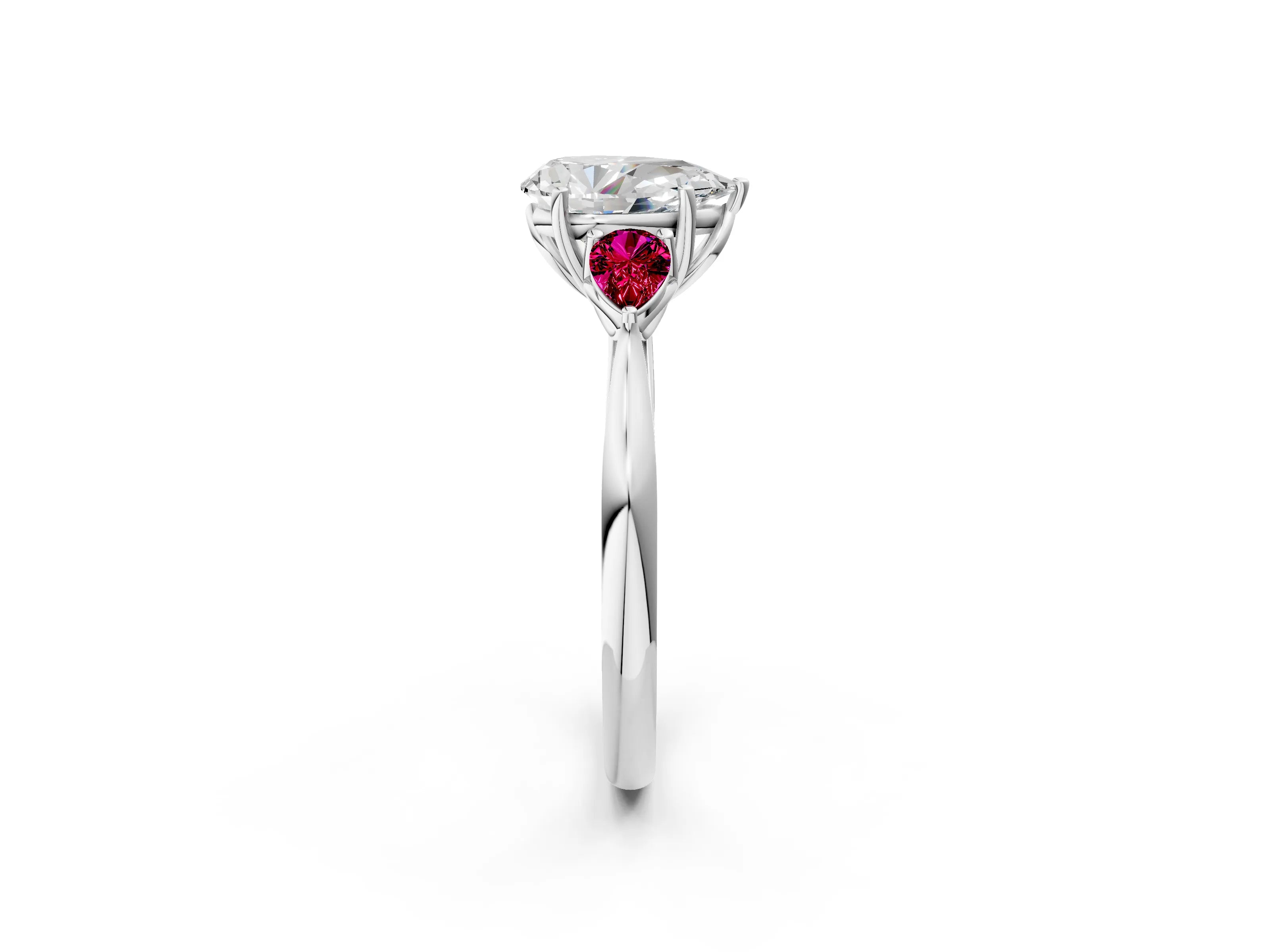 White gold Pear Cut Diamond Three-Stone Ring with Pear with Garnet side stone Side Stones and Prong Setting_50