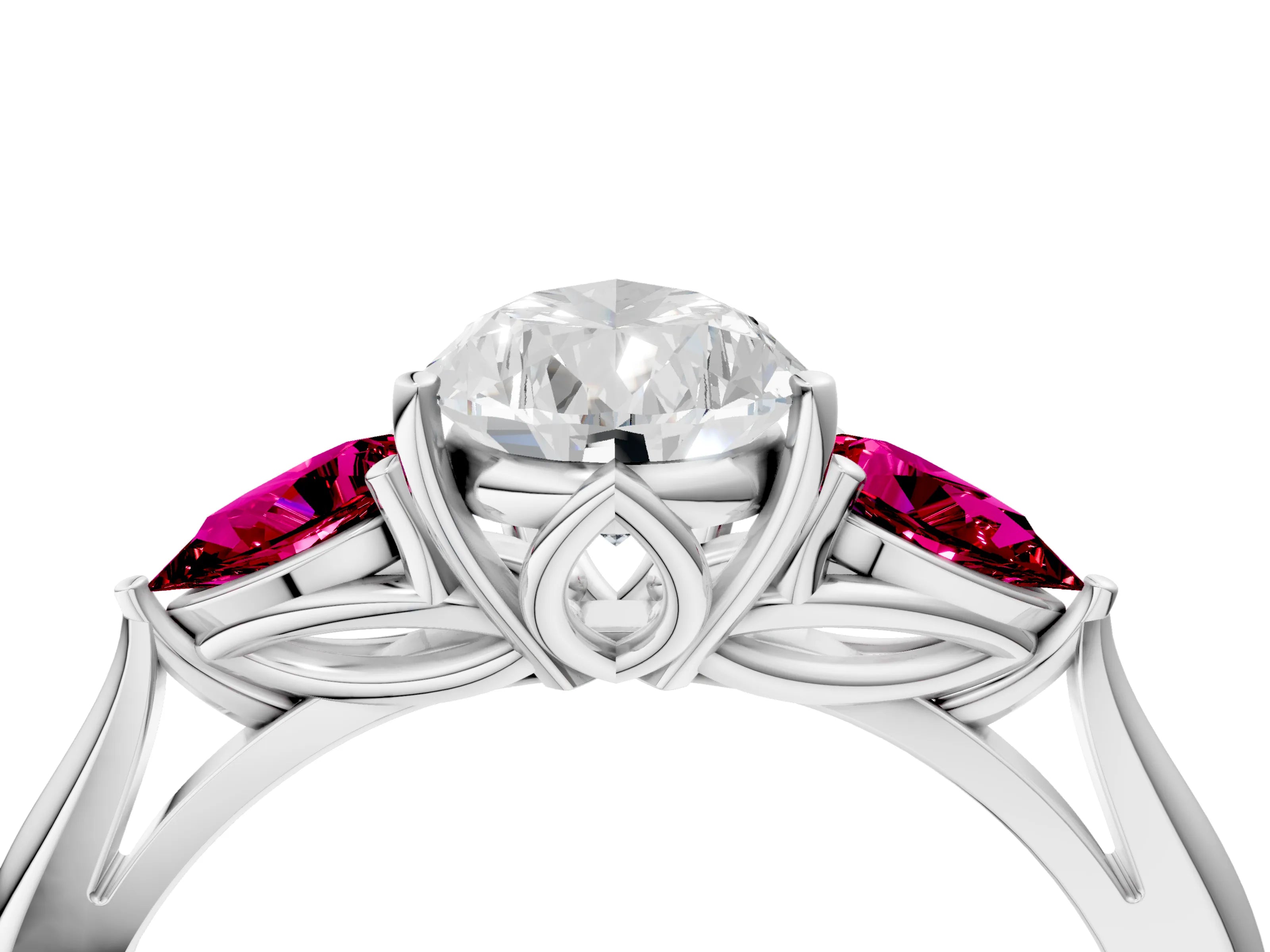 White gold Pear Cut Diamond Three-Stone Ring with Pear with Garnet side stone Side Stones and Prong Setting_52