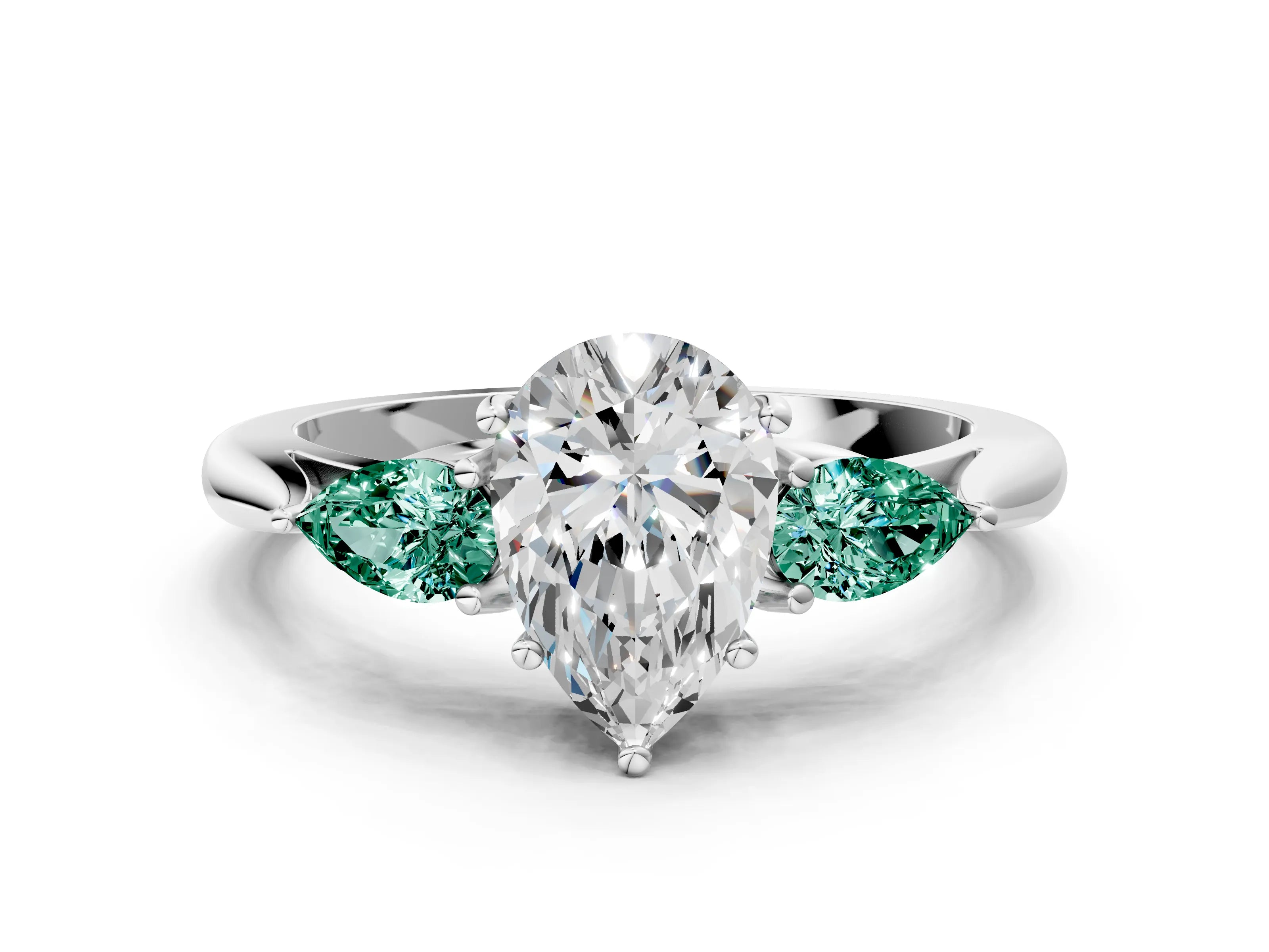 White gold Pear Cut Diamond Three-Stone Ring with Pear with Green Sapphire side stone Side Stones and Prong Setting_60