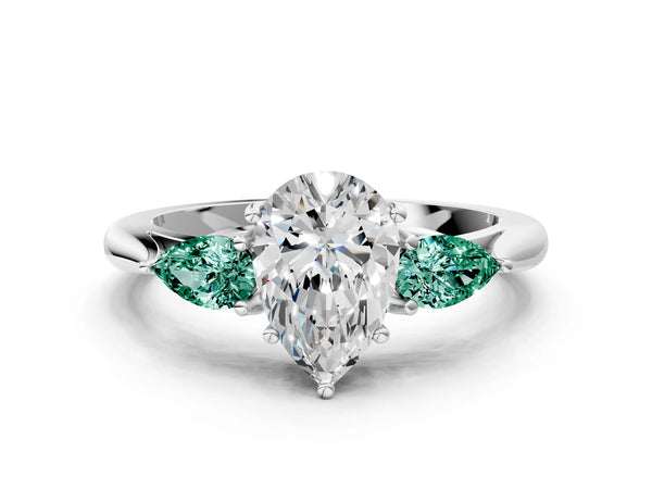 Silver Pear Cut Diamond Three-Stone Ring with Pear Green Sapphire Side Stones and Prong Setting