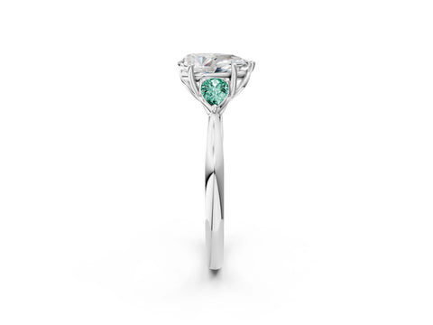 White gold Pear Cut Diamond Three-Stone Ring with Pear with Green Sapphire side stone Side Stones and Prong Setting_62
