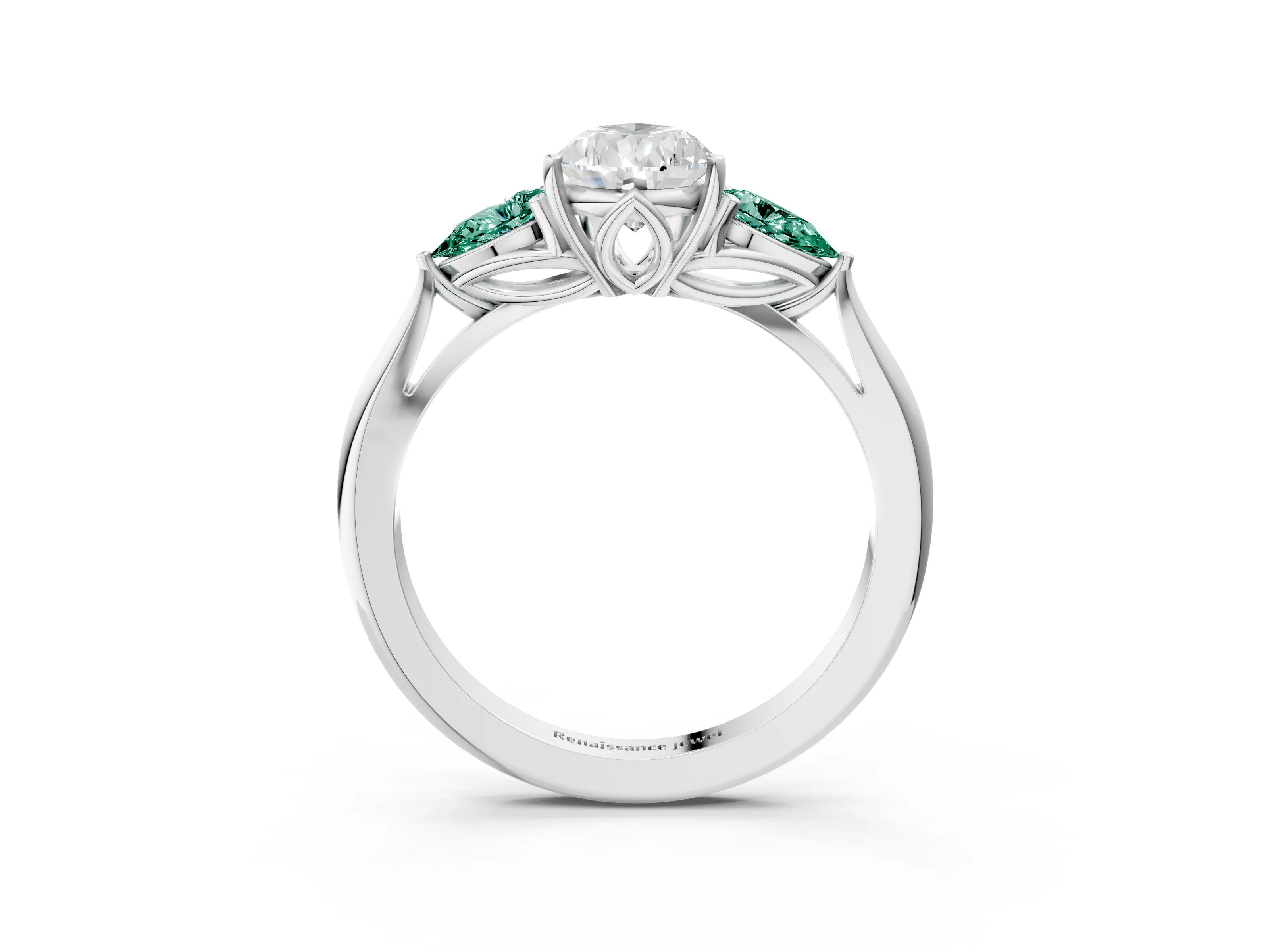 White gold Pear Cut Diamond Three-Stone Ring with Pear with Green Sapphire side stone Side Stones and Prong Setting_63