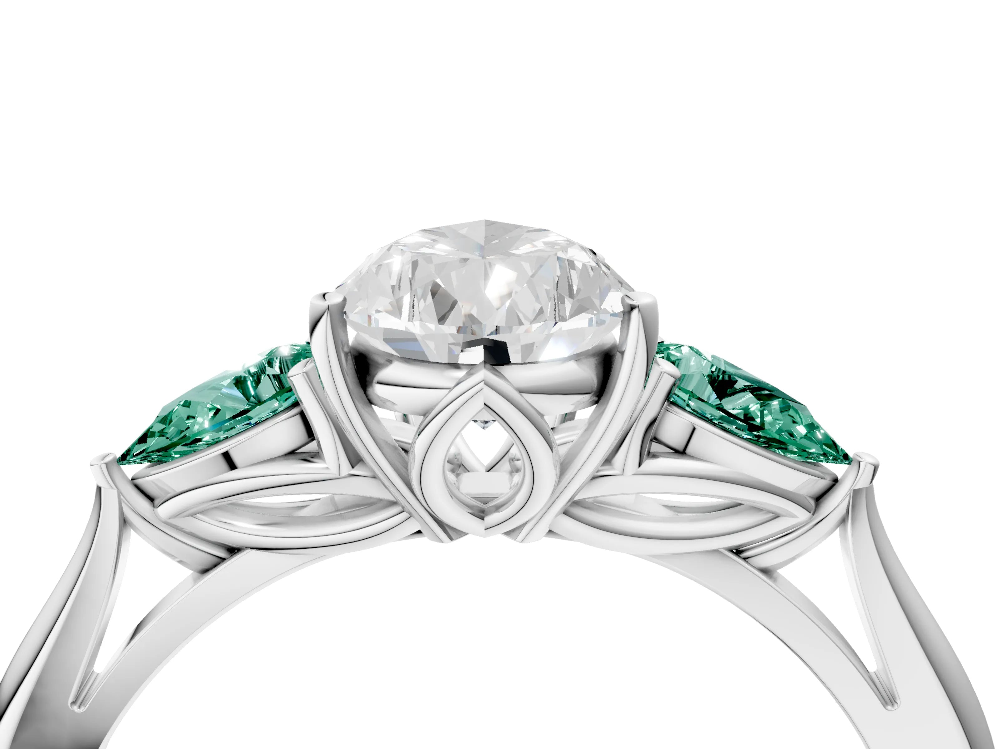 White gold Pear Cut Diamond Three-Stone Ring with Pear with Green Sapphire side stone Side Stones and Prong Setting_64
