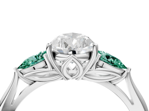 White gold Pear Cut Diamond Three-Stone Ring with Pear with Green Sapphire side stone Side Stones and Prong Setting_64