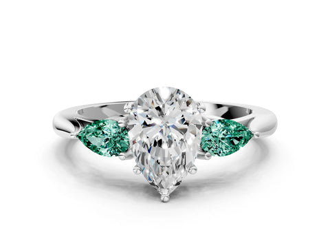 White gold Pear Cut Diamond Three-Stone Ring with Pear with Green Sapphire side stone Side Stones and Prong Setting_78