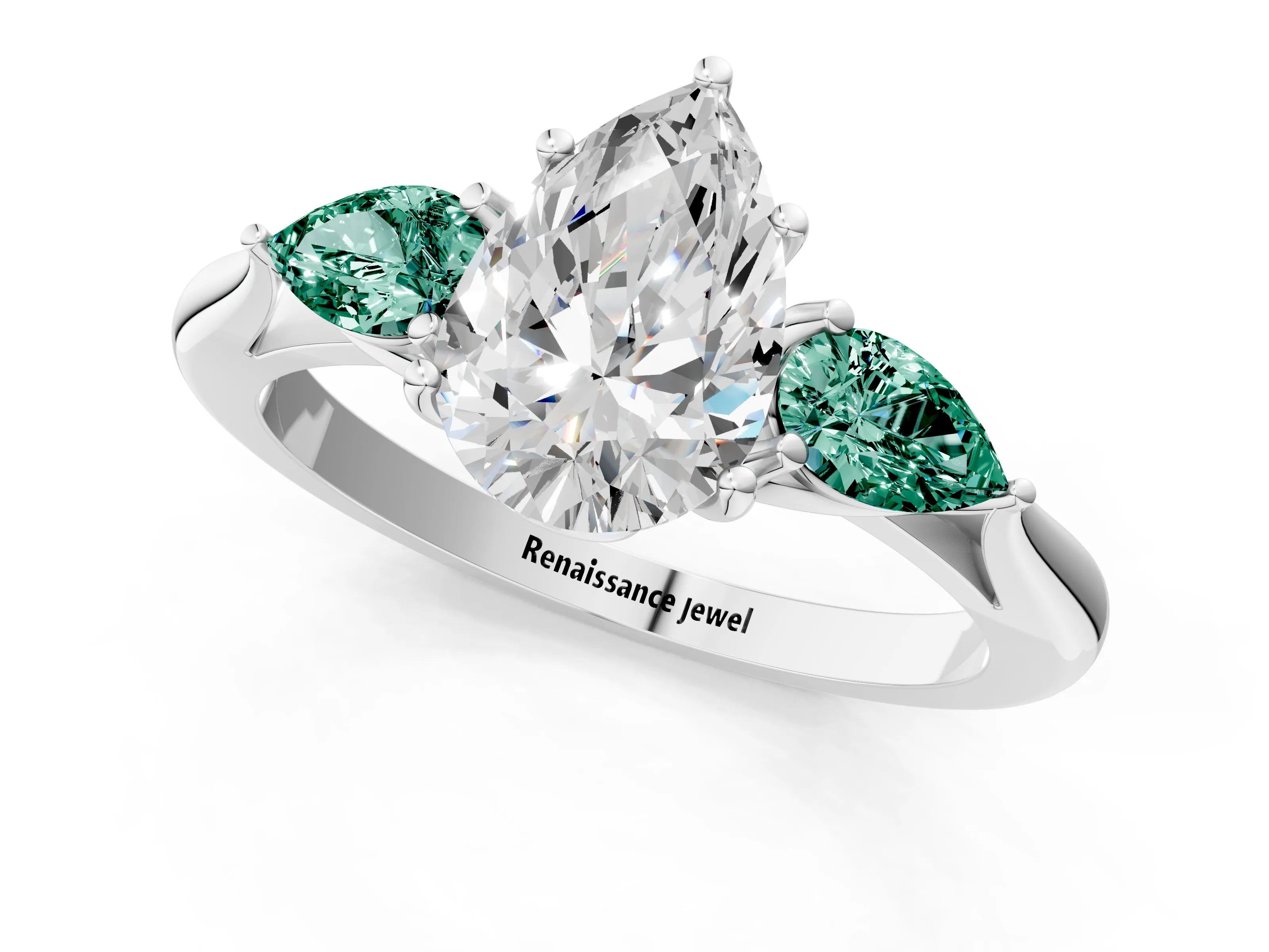 White gold Pear Cut Diamond Three-Stone Ring with Pear with Green Sapphire side stone Side Stones and Prong Setting_79