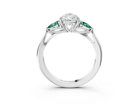 White gold Pear Cut Diamond Three-Stone Ring with Pear with Green Sapphire side stone Side Stones and Prong Setting_81