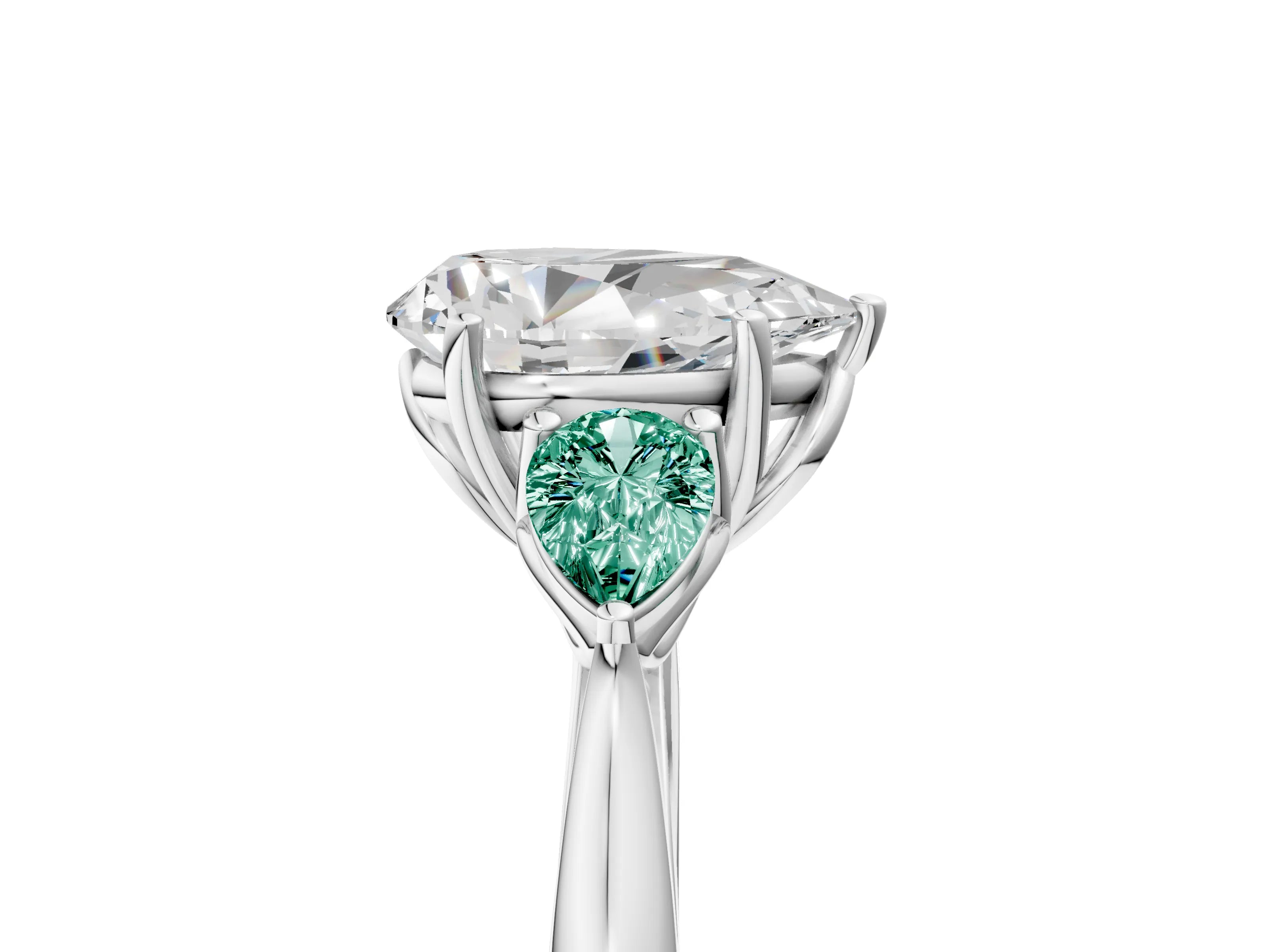 White gold Pear Cut Diamond Three-Stone Ring with Pear with Green Sapphire side stone Side Stones and Prong Setting_83